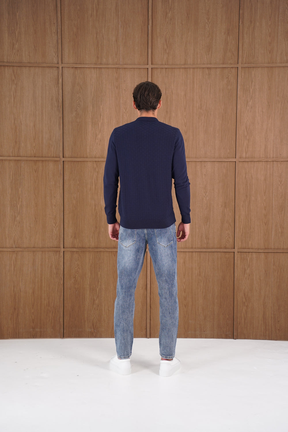 Capo Finn Woven Panel Knit LS Polo Shirt - Navy