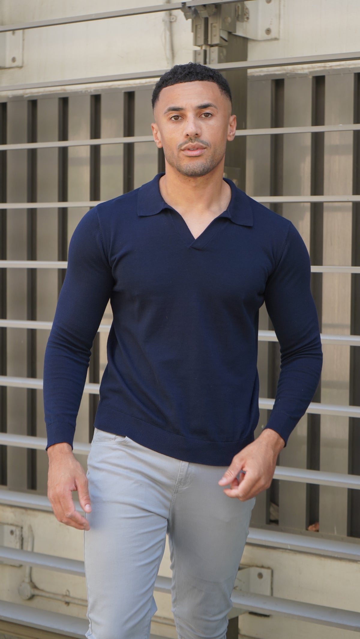 Capo Egyptian Cotton Cuban Collar LS Polo Shirt - Navy