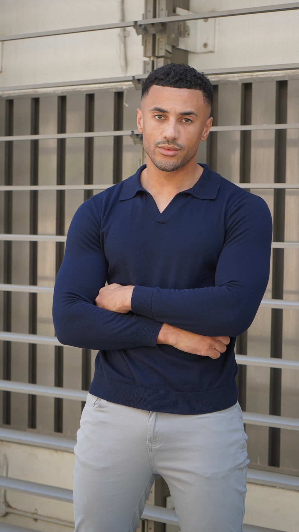 Capo Egyptian Cotton Cuban Collar LS Polo Shirt - Navy
