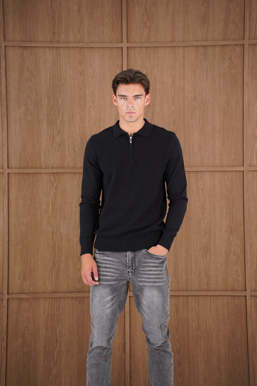 Capo Finn Woven Panel Knit LS Polo Shirt - Black