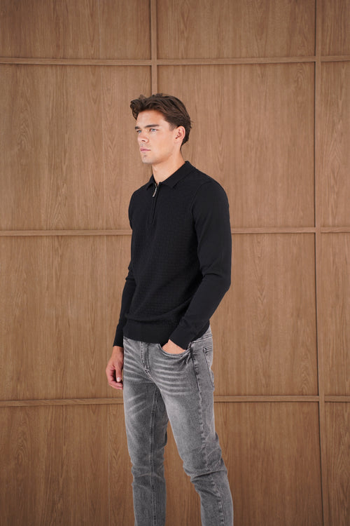Capo Finn Woven Panel Knit LS Polo Shirt - Black