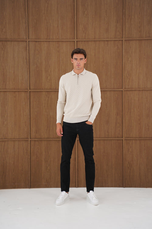 Capo Finn Woven Panel Knit LS Polo Shirt - Stone