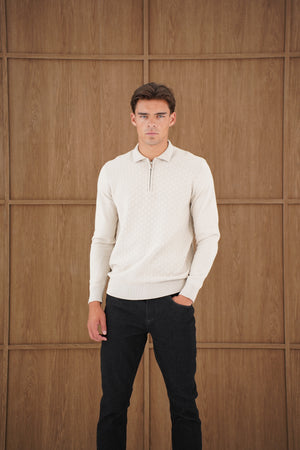 Capo Finn Woven Panel Knit LS Polo Shirt - Stone