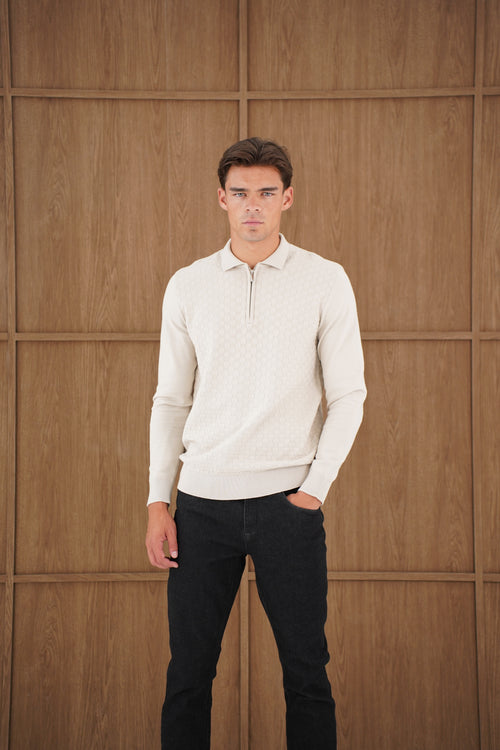 Capo Finn Woven Panel Knit LS Polo Shirt - Stone