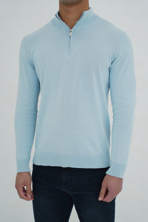 Capo Egyptian Cotton 1/4 Zip Top - Sky Blue