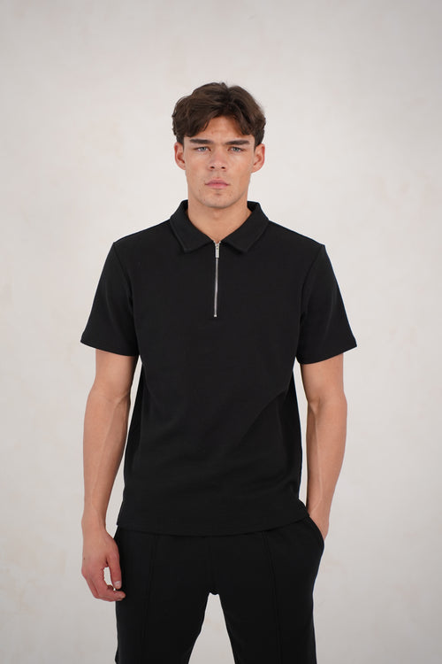 Capo Textured Zip Up Polo Shirt - Black