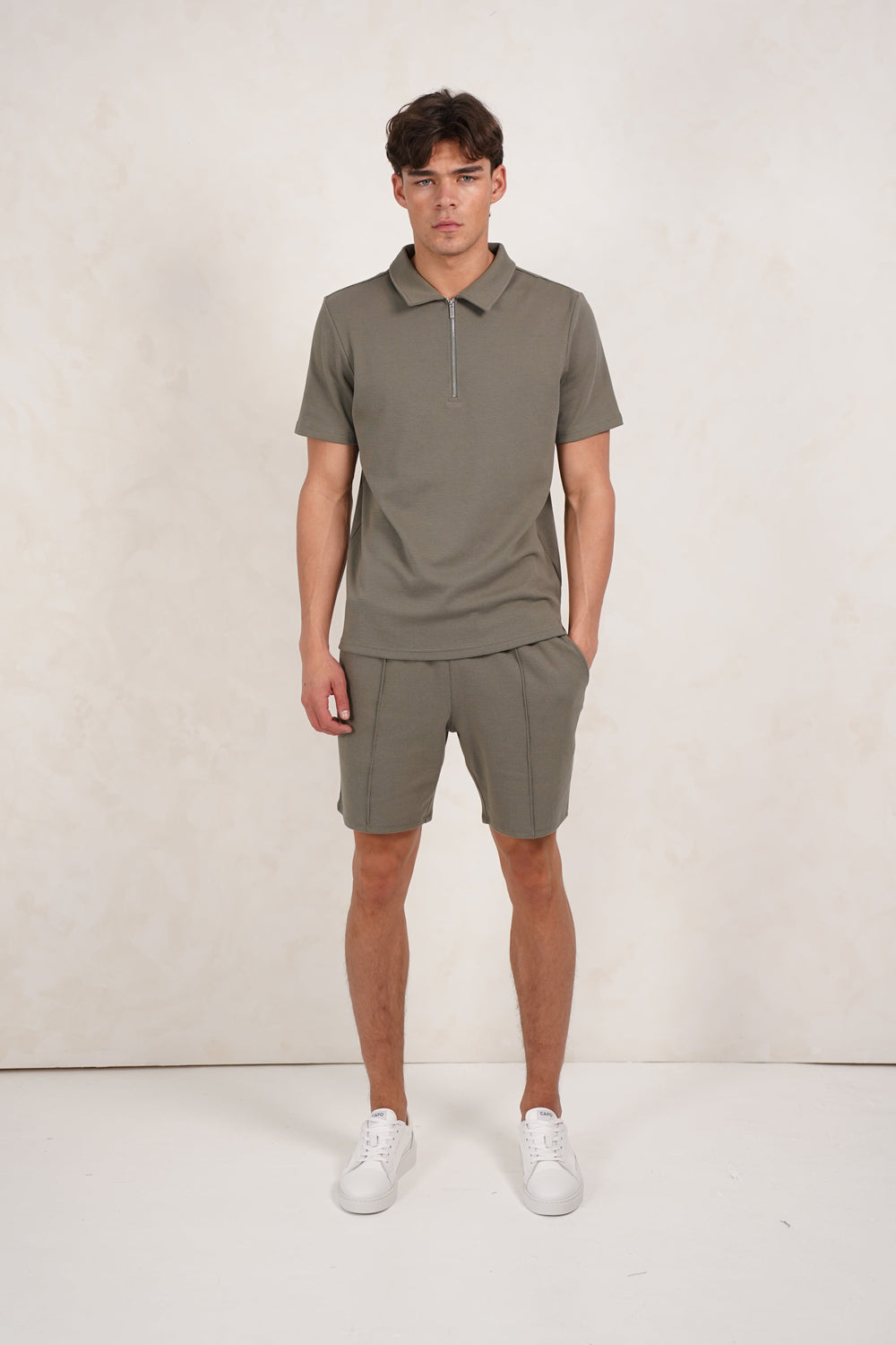 Capo Textured Zip Up Polo Shirt - Light Olive