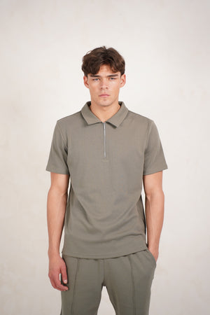 Capo Textured Zip Up Polo Shirt - Light Olive
