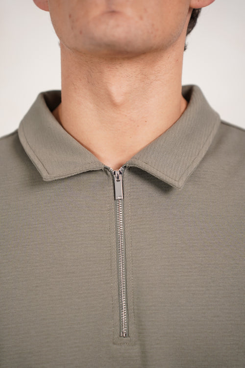 Capo Textured Zip Up Polo Shirt - Light Olive
