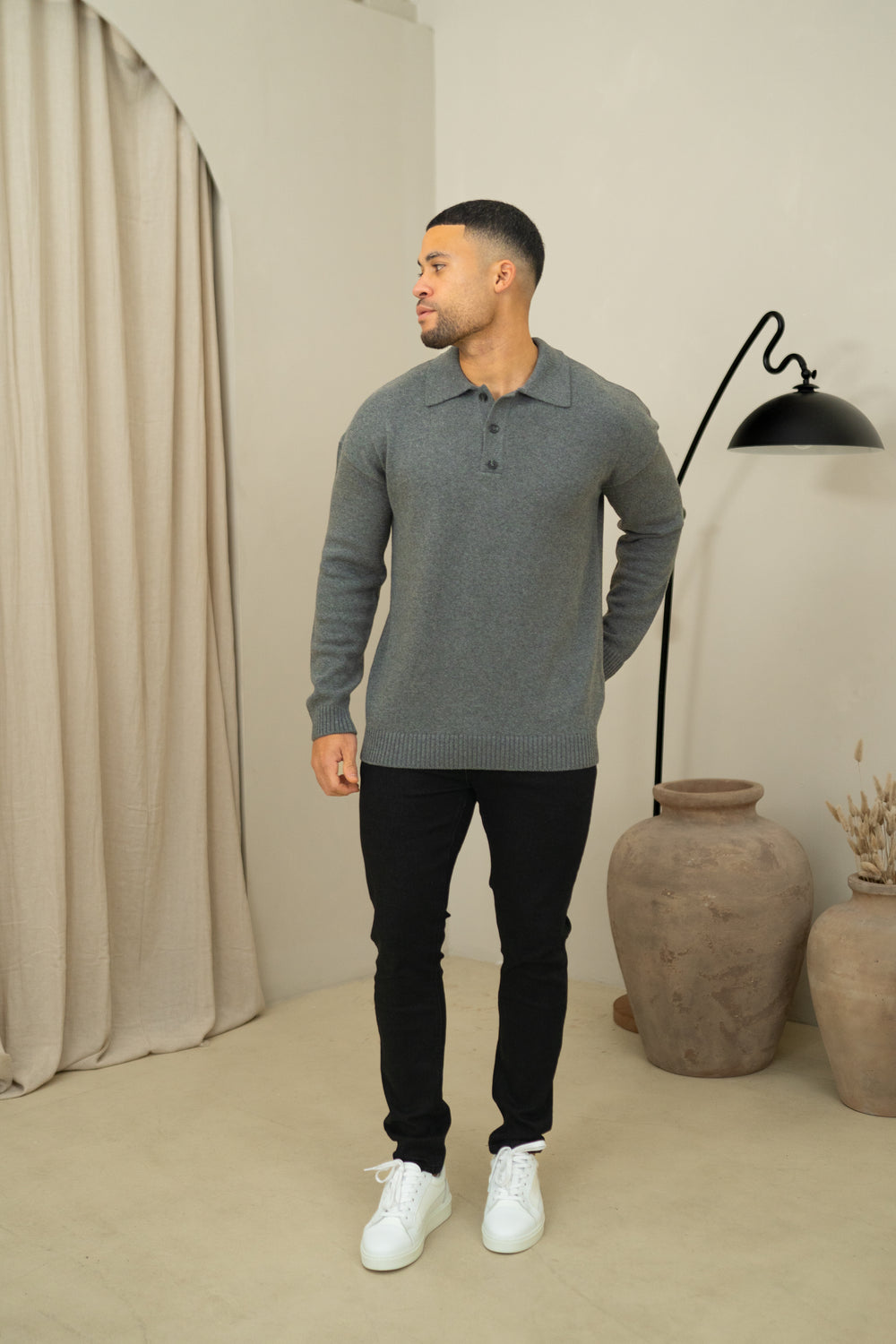 Capo Button LS Polo Shirt - Charcoal