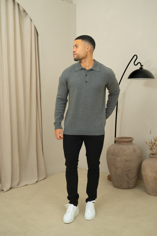 Capo Button LS Polo Shirt - Charcoal