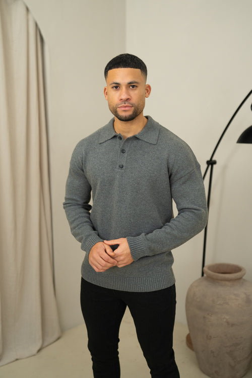 Capo Button LS Polo Shirt - Charcoal