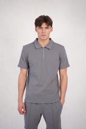 Capo Textured Zip Up Polo Shirt - Grey