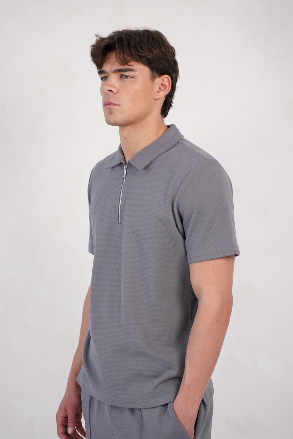 Capo Textured Zip Up Polo Shirt - Grey