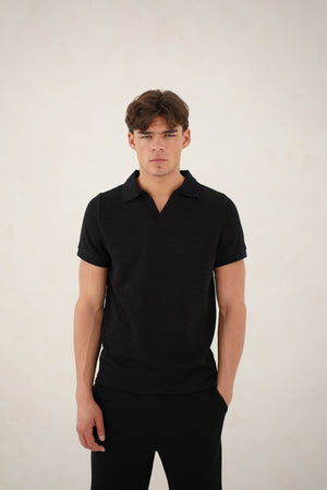 Capo Jersey Slub Cuban Polo Shirt - Black