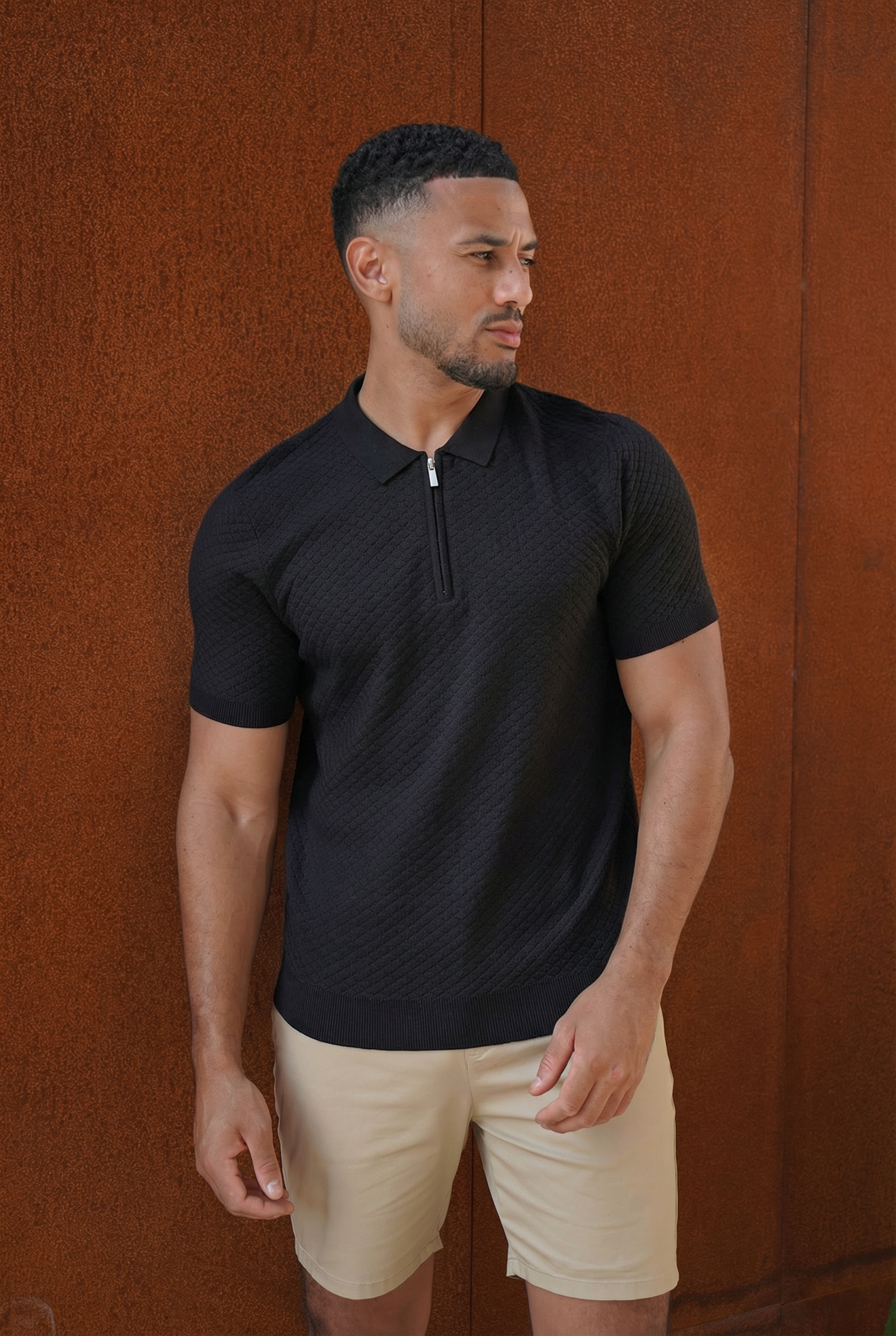 Capo Jacquard Zip Up Polo Shirt - Black