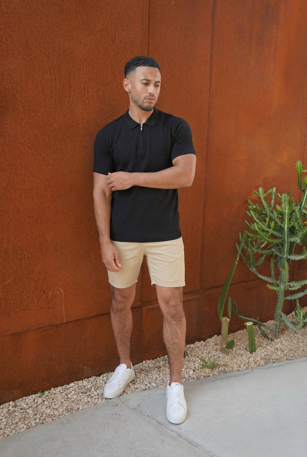 Capo Jacquard Zip Up Polo Shirt - Black