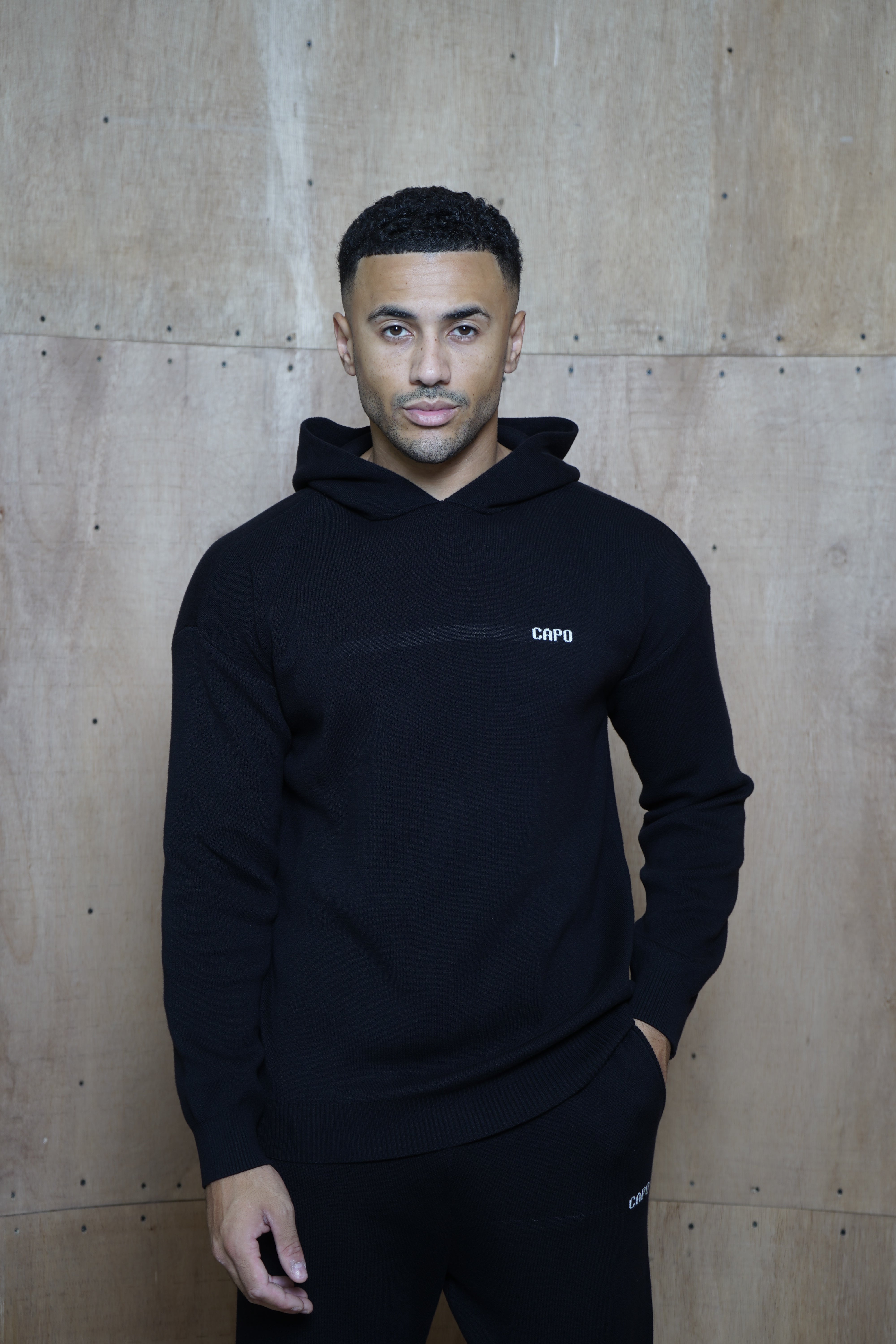 Capo Knitted Branded Hoodie - Black