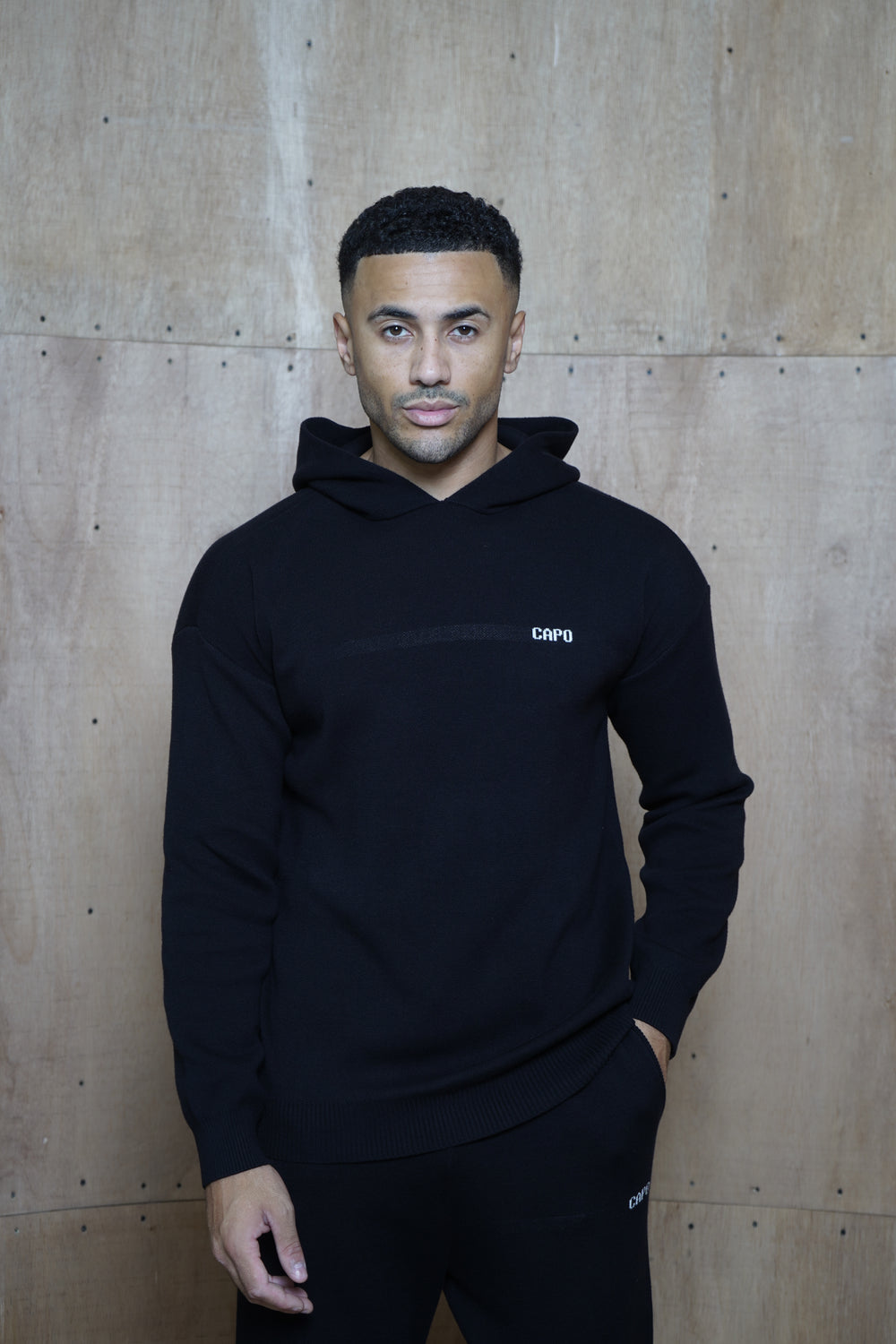 Capo Knitted Branded Hoodie - Black
