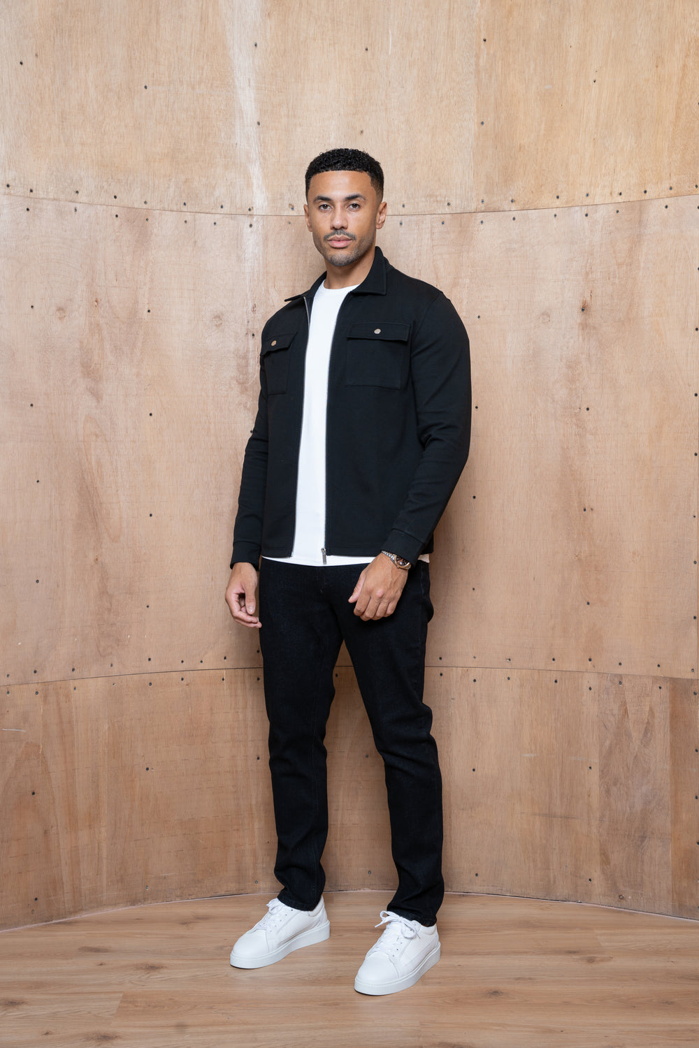 Capo Joe Pique Zip Up Overshirt - Black