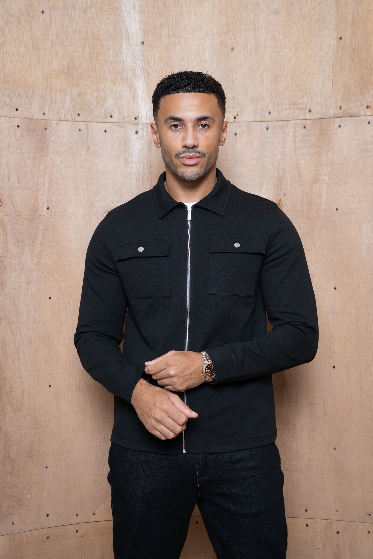 Capo Joe Pique Zip Up Overshirt - Black
