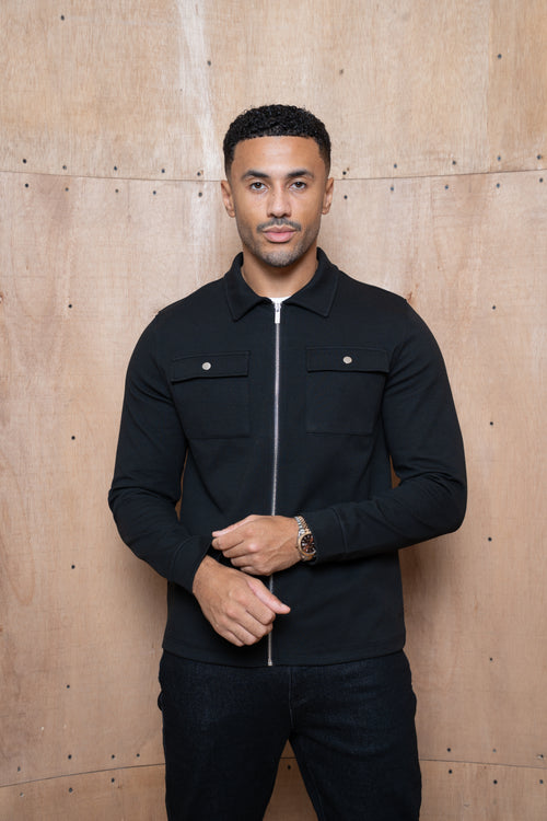 Capo Joe Pique Zip Up Overshirt - Black