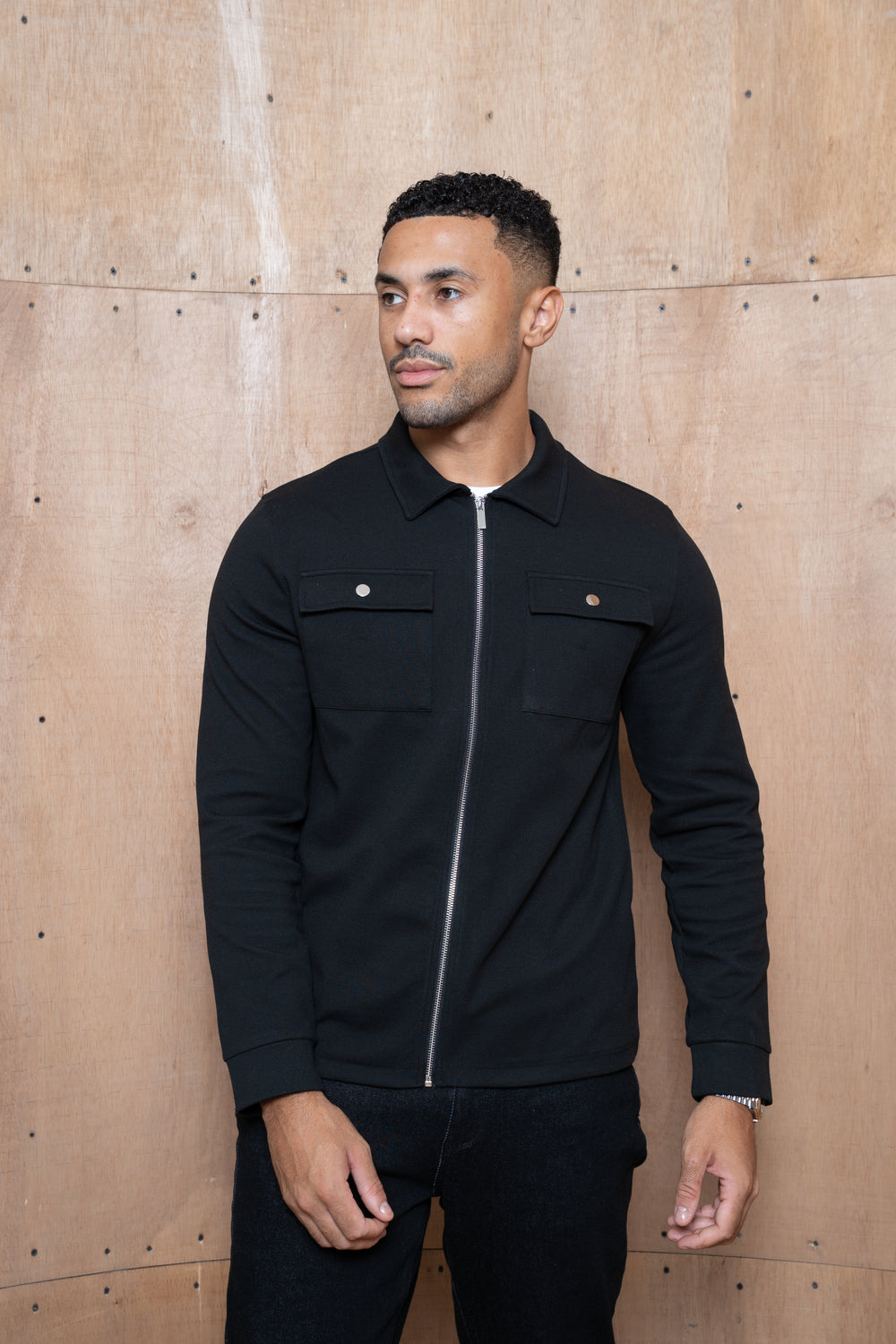 Capo Joe Pique Zip Up Overshirt - Black