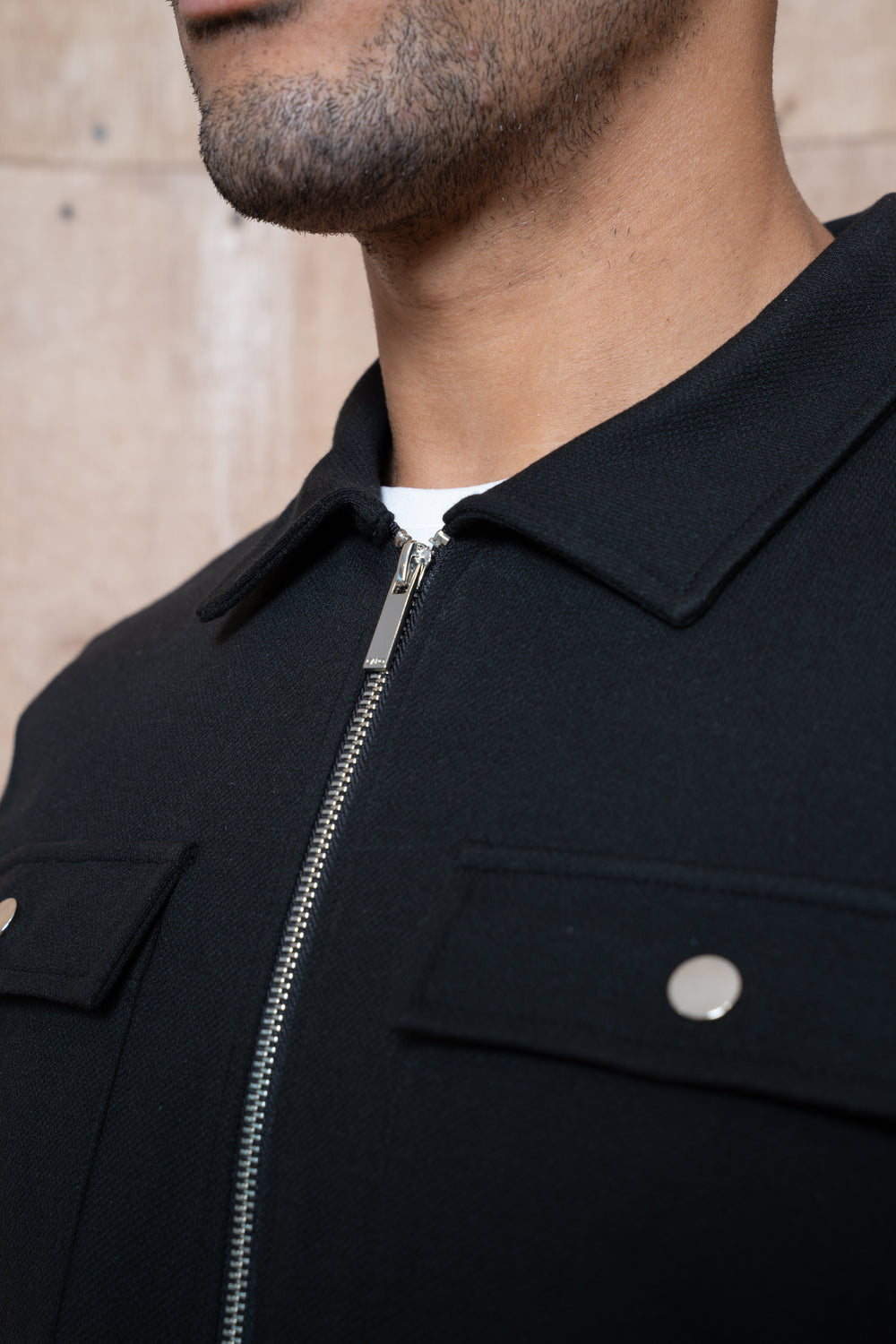 Capo Joe Pique Zip Up Overshirt - Black
