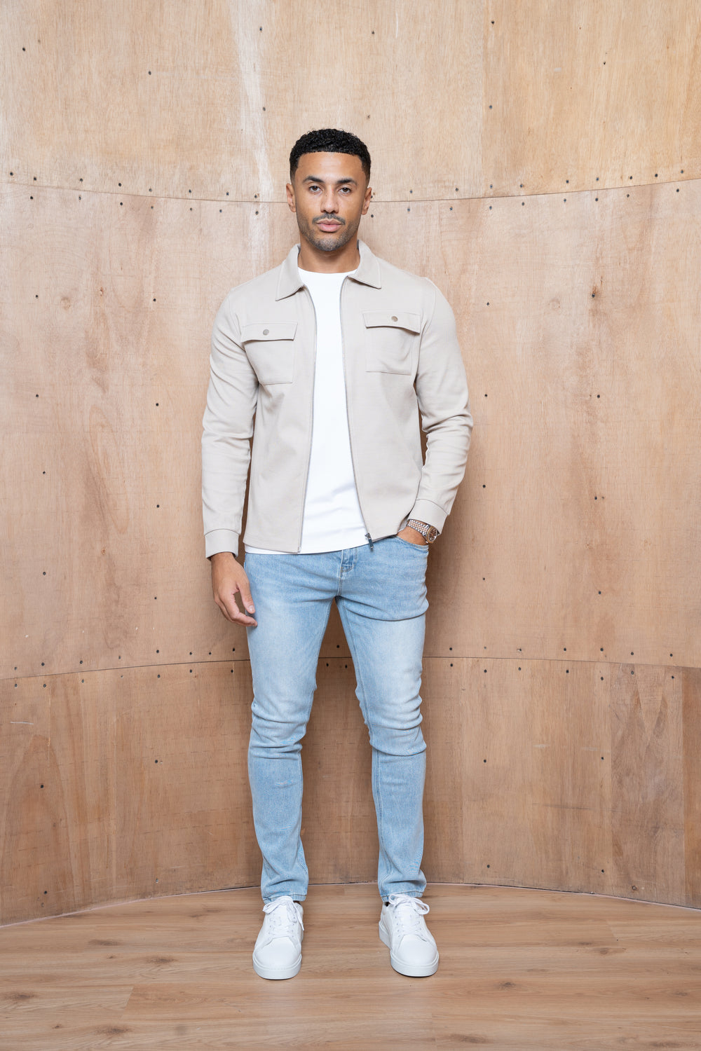 Capo Joe Pique Zip Up Overshirt - Stone