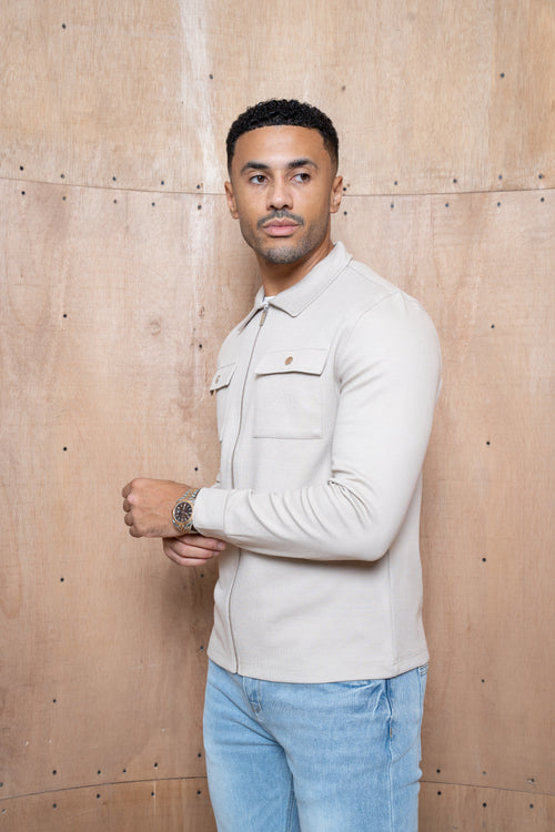 Capo Joe Pique Zip Up Overshirt - Stone