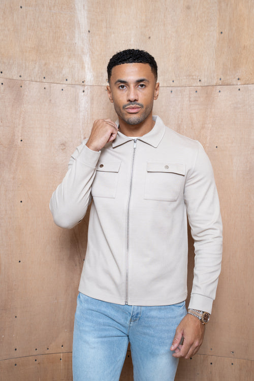Capo Joe Pique Zip Up Overshirt - Stone