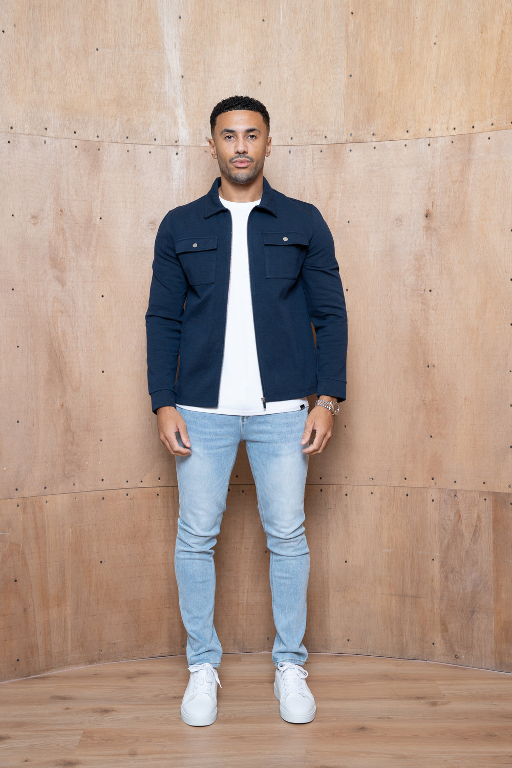 Capo Joe Pique Zip Up Overshirt - Navy
