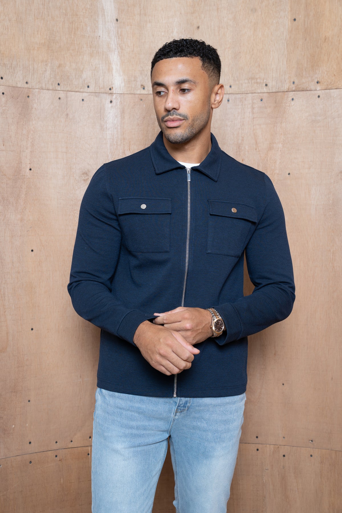 Capo Joe Pique Zip Up Overshirt - Navy
