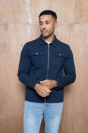 Capo Joe Pique Zip Up Overshirt - Navy