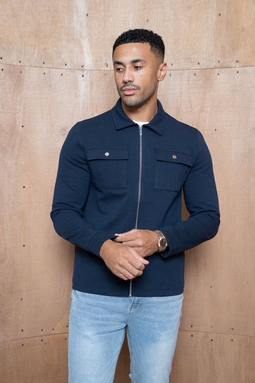 Capo Joe Pique Zip Up Overshirt - Navy