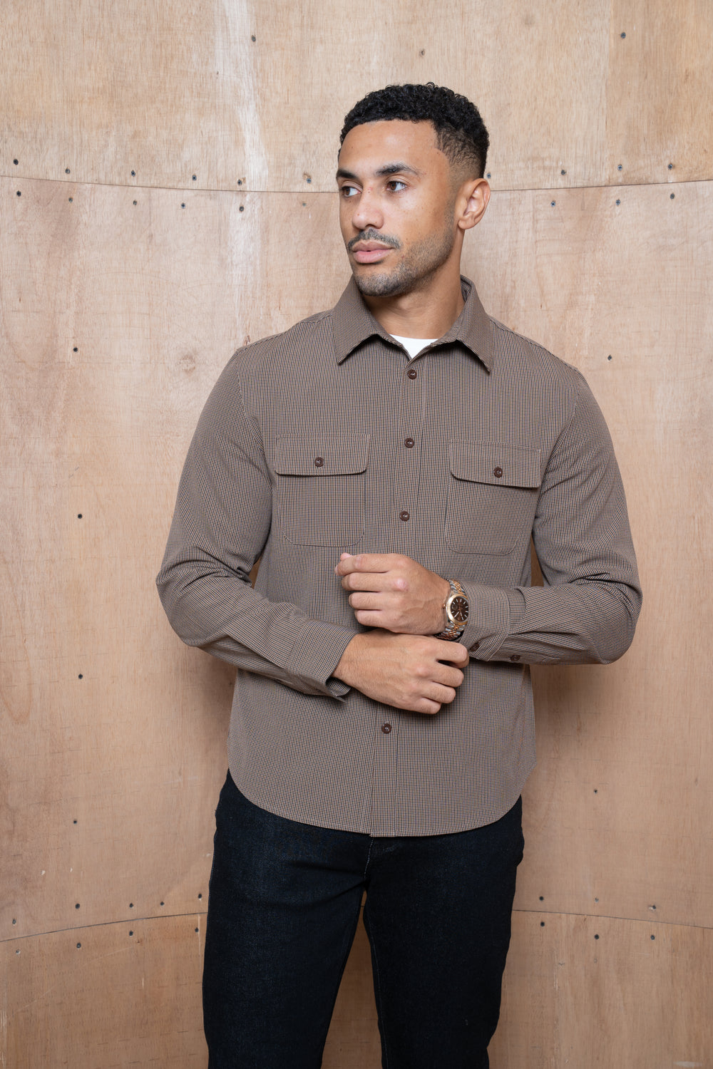 Capo Textured Checked Overshirt - Brown