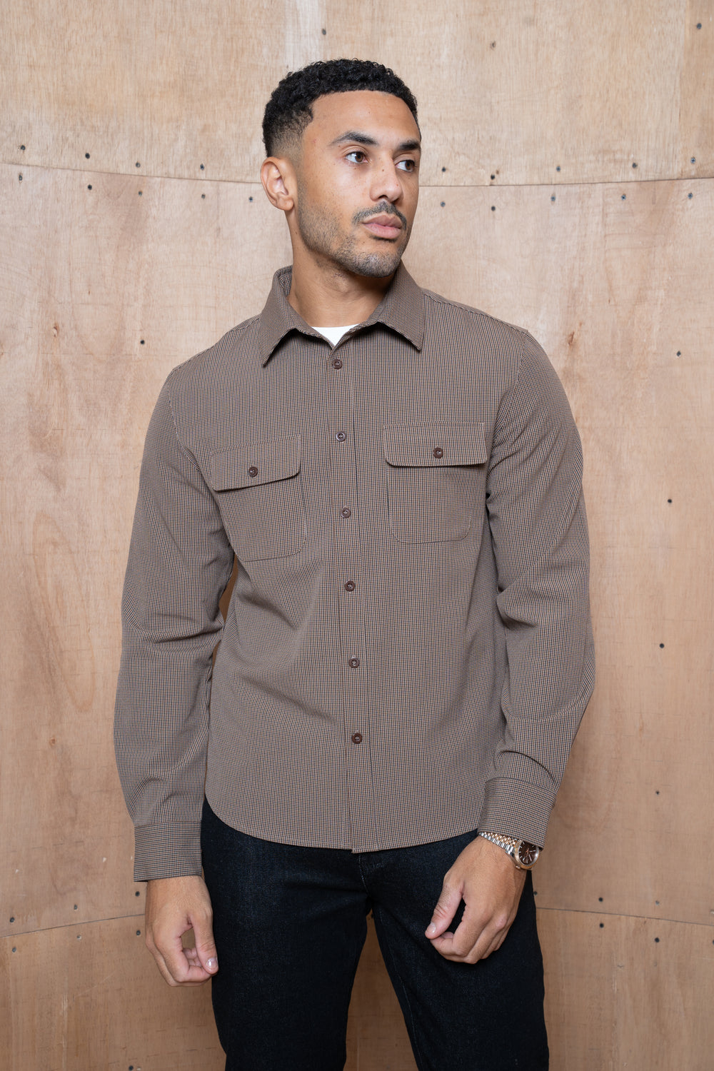 Capo Textured Checked Overshirt - Brown
