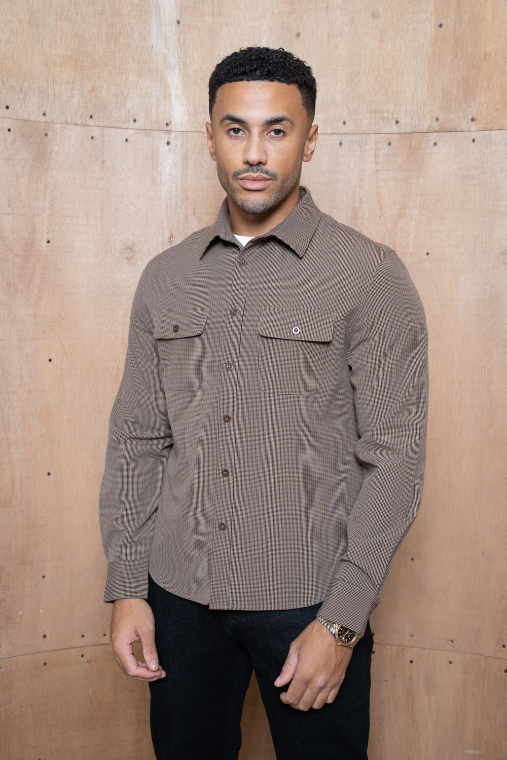 Capo Textured Checked Overshirt - Brown