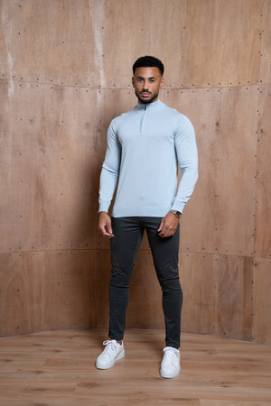 Capo Egyptian Cotton 1/4 Zip Top - Sky Blue