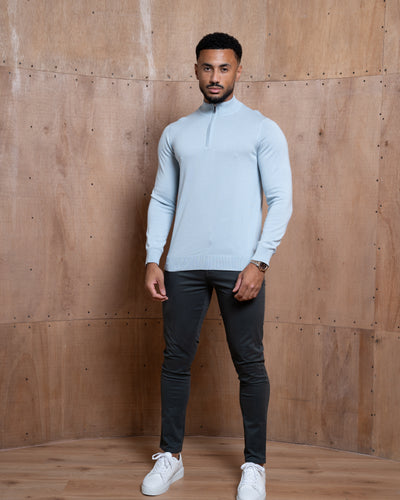 Capo Egyptian Cotton 1/4 Zip Top - Sky Blue