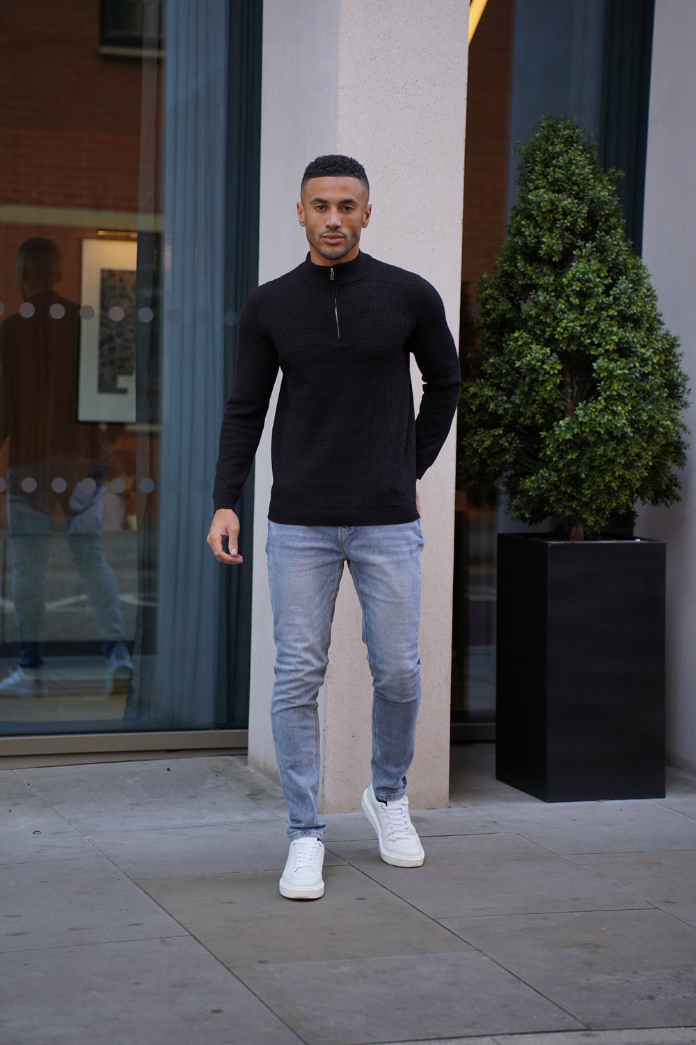 Capo WAFFLE Cotton 1/4 Zip Jumper - Black