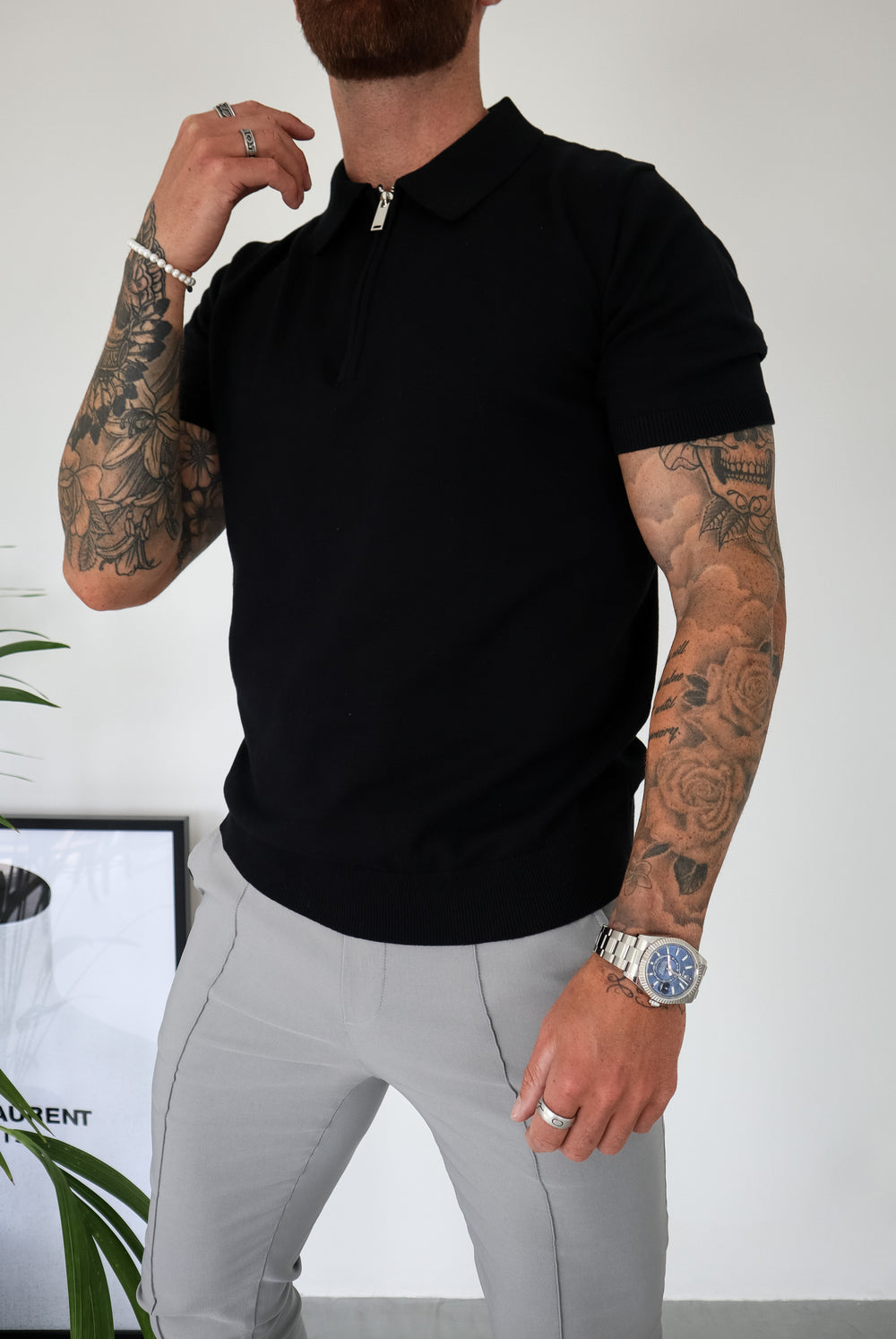 Capo Egyptian Cotton SS Zip Polo Shirt - Black