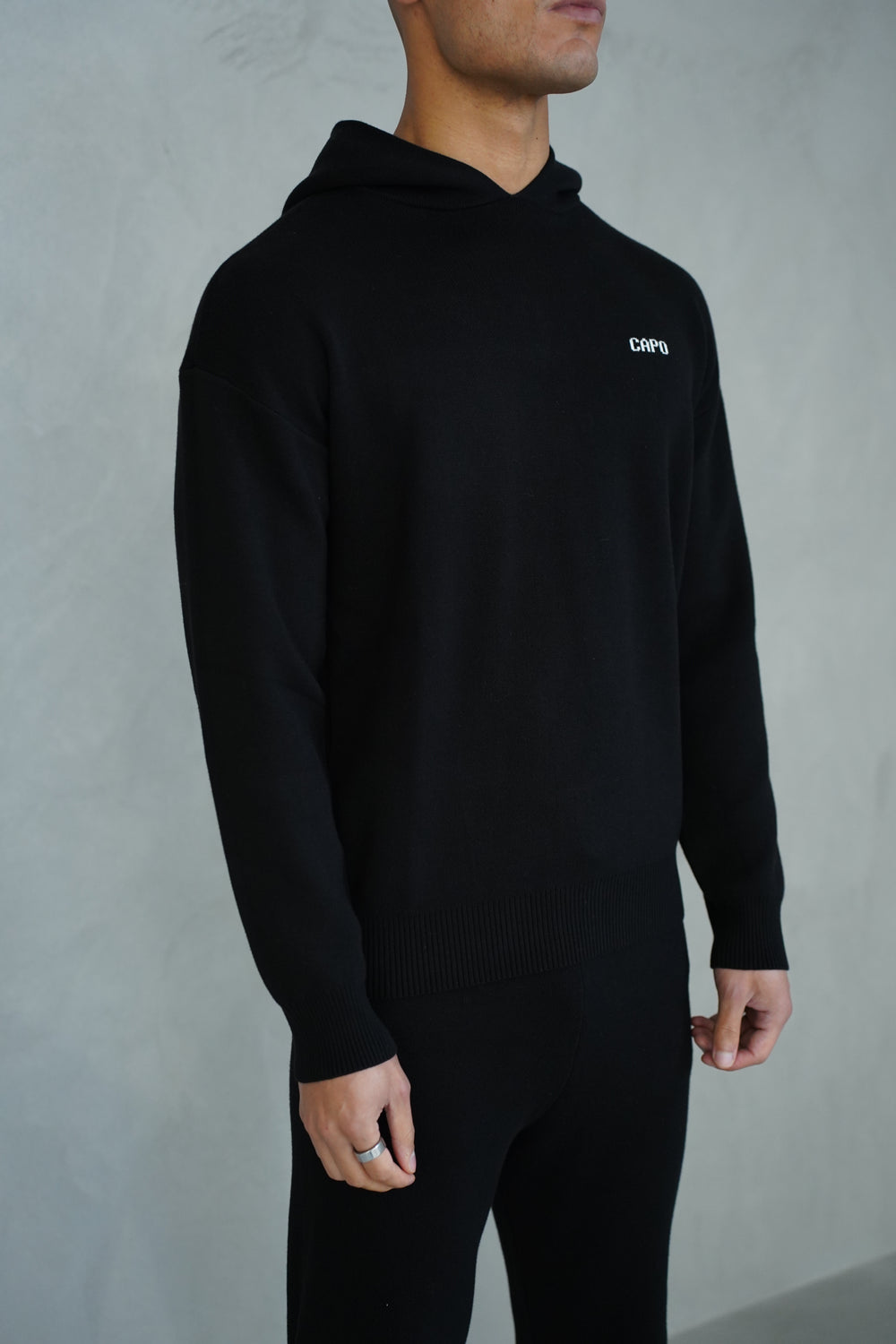 Capo Knitted Branded Hoodie - Black