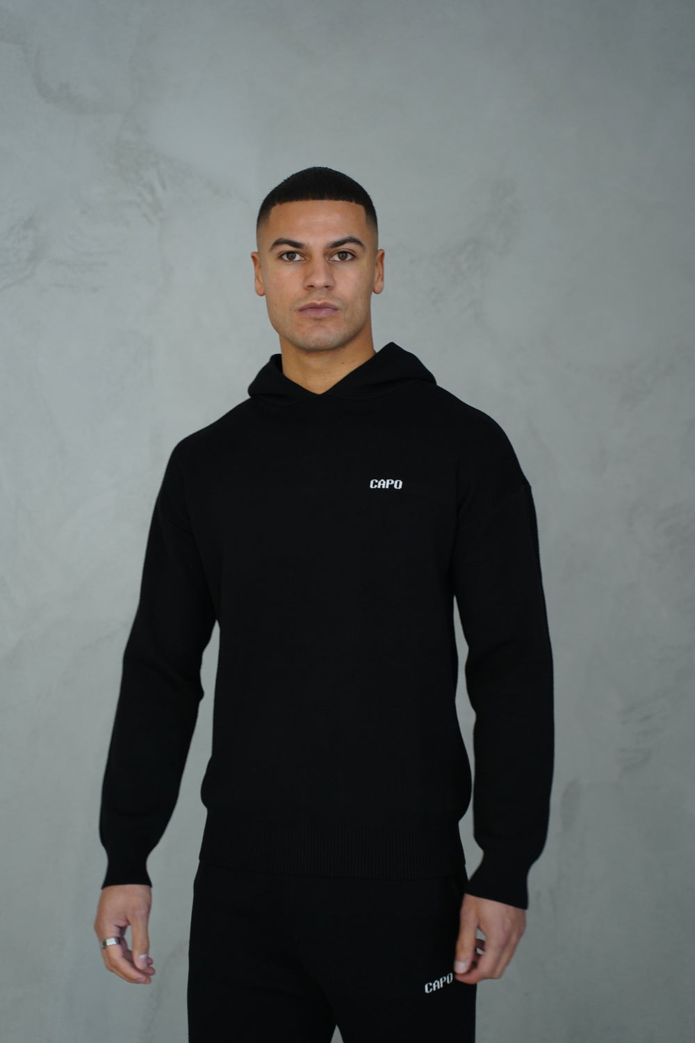 Capo Knitted Branded Hoodie - Black