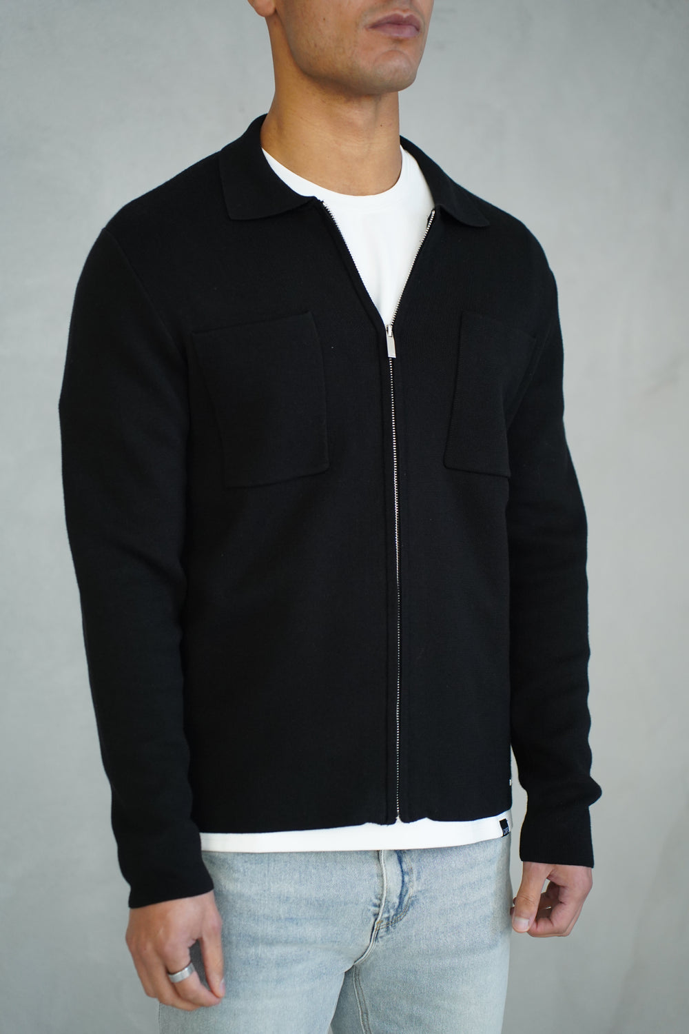 Capo Full Zip Double Pocket Cardigan - Black