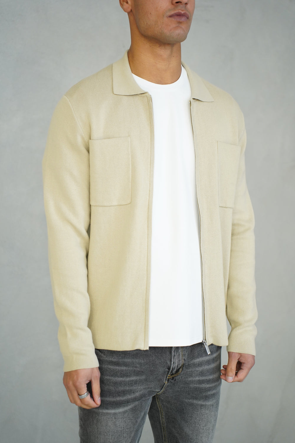 Capo Full Zip Double Pocket Cardigan - Stone