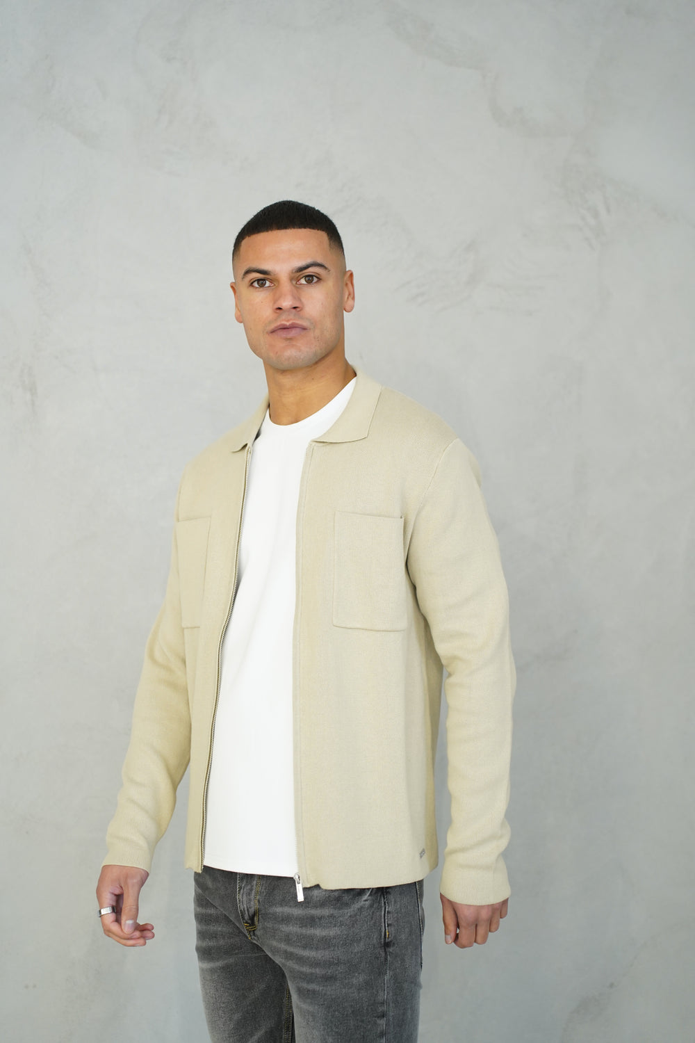 Capo Full Zip Double Pocket Cardigan - Stone