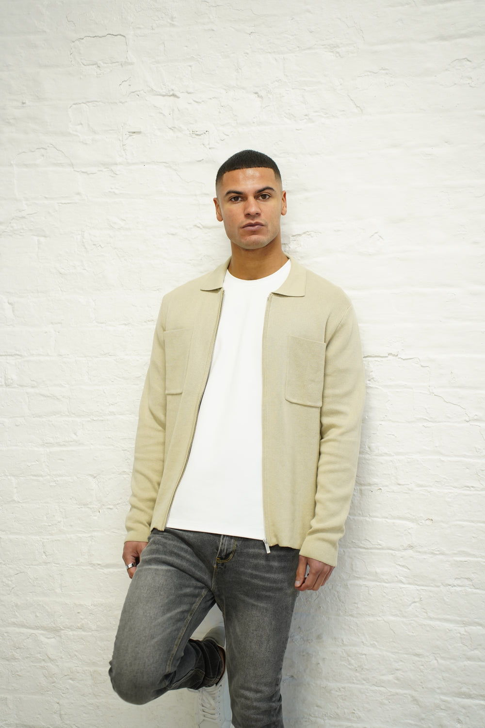 Capo Full Zip Double Pocket Cardigan - Stone