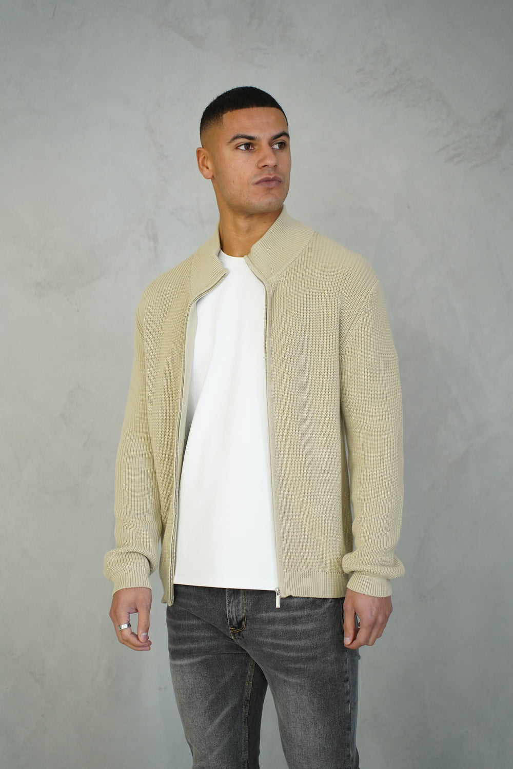 Capo Ribbed Full Zip Jumper - Stone