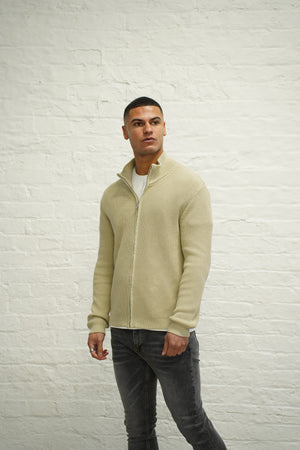 Capo Ribbed Full Zip Jumper - Stone